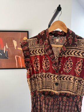 Vintage 70s Potage Brand Block Print Indian Cotton Gauze Jumpsuit Size Small